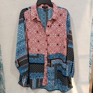 Jessica Simpson Haylen 1X Tunic Shirt Dress Patchwork Geometric Long Sleeve Boho
